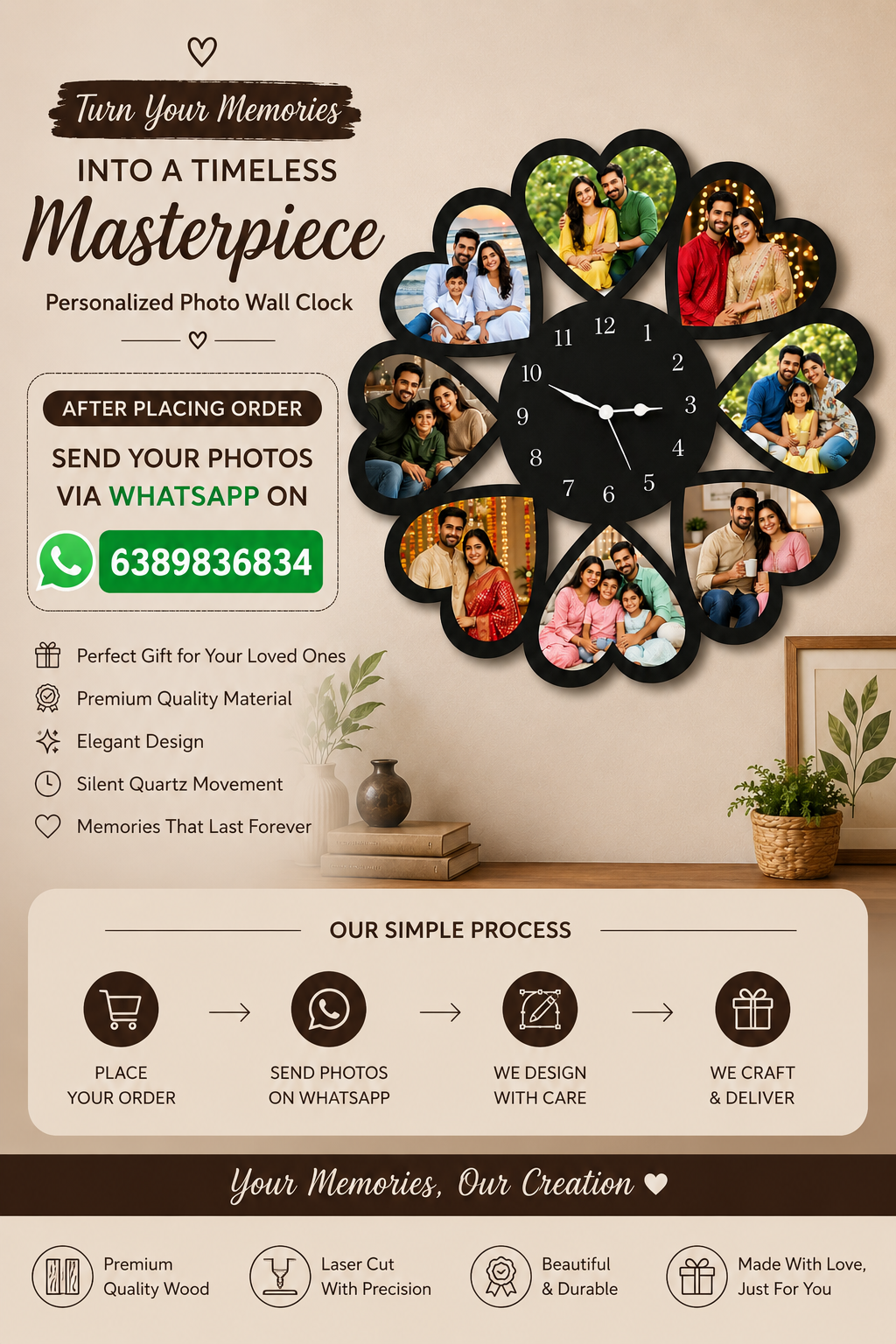 16 Inch Personalized Photo Wall Clock – Heart Shape Family Design