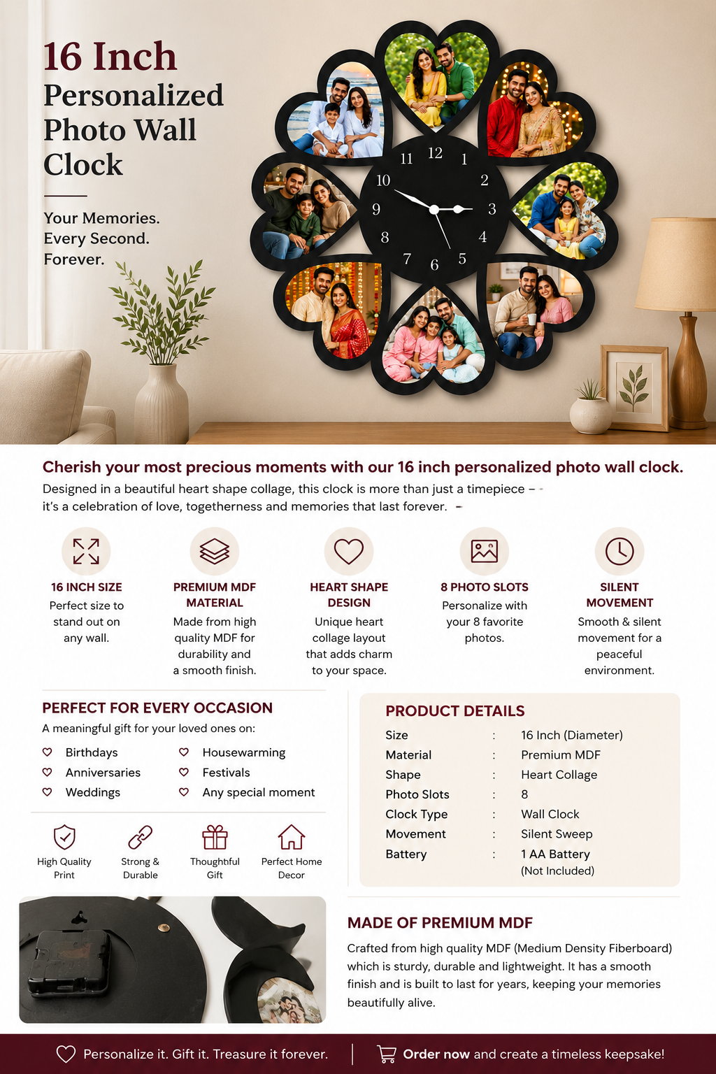 16 Inch Personalized Photo Wall Clock – Heart Shape Family Design