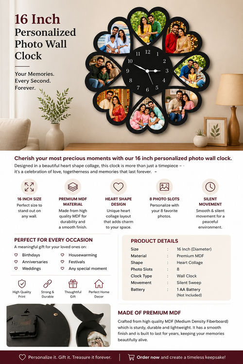 16 Inch Personalized Photo Wall Clock – Heart Shape Family Design